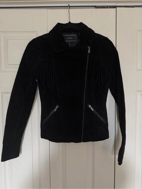 le chateau Black Suede Fringe Asymmetrical Zip Jacket